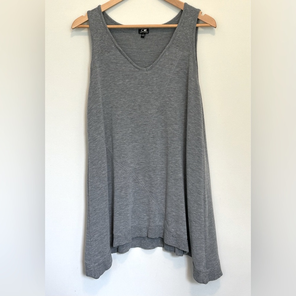Gray longer length sleeveless tank top with shark bite hem